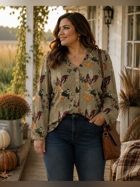 WELL WORN Floral Ruffle Neck Button Front Blouse EUC